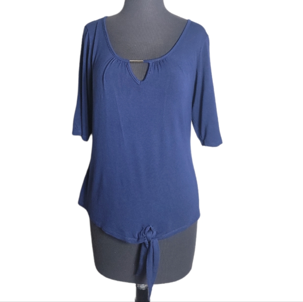 Dressbarn blue tie front scoop neck top women's petite medium short sleeve